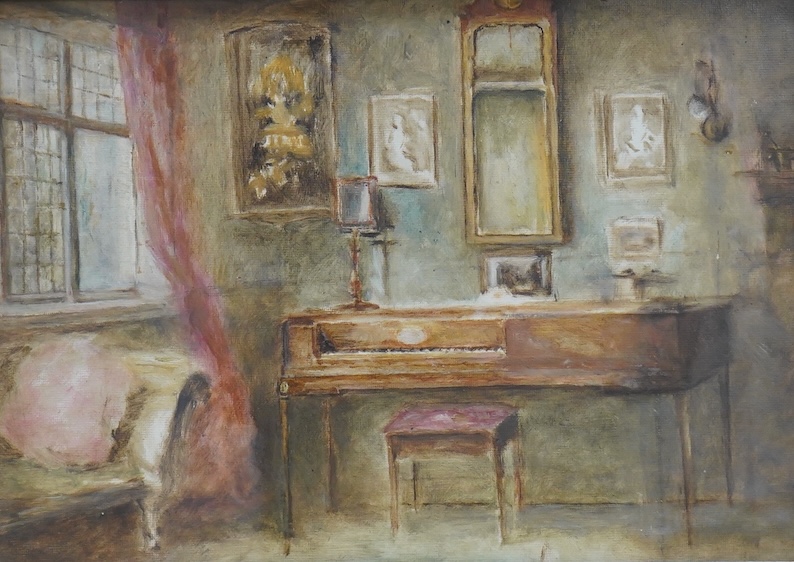 Gertrude Hardy (19th / 20th. C), Interior scene with piano, unsigned, inscribed in ink verso, oil on board, 23 x 33cm, gilt frame
